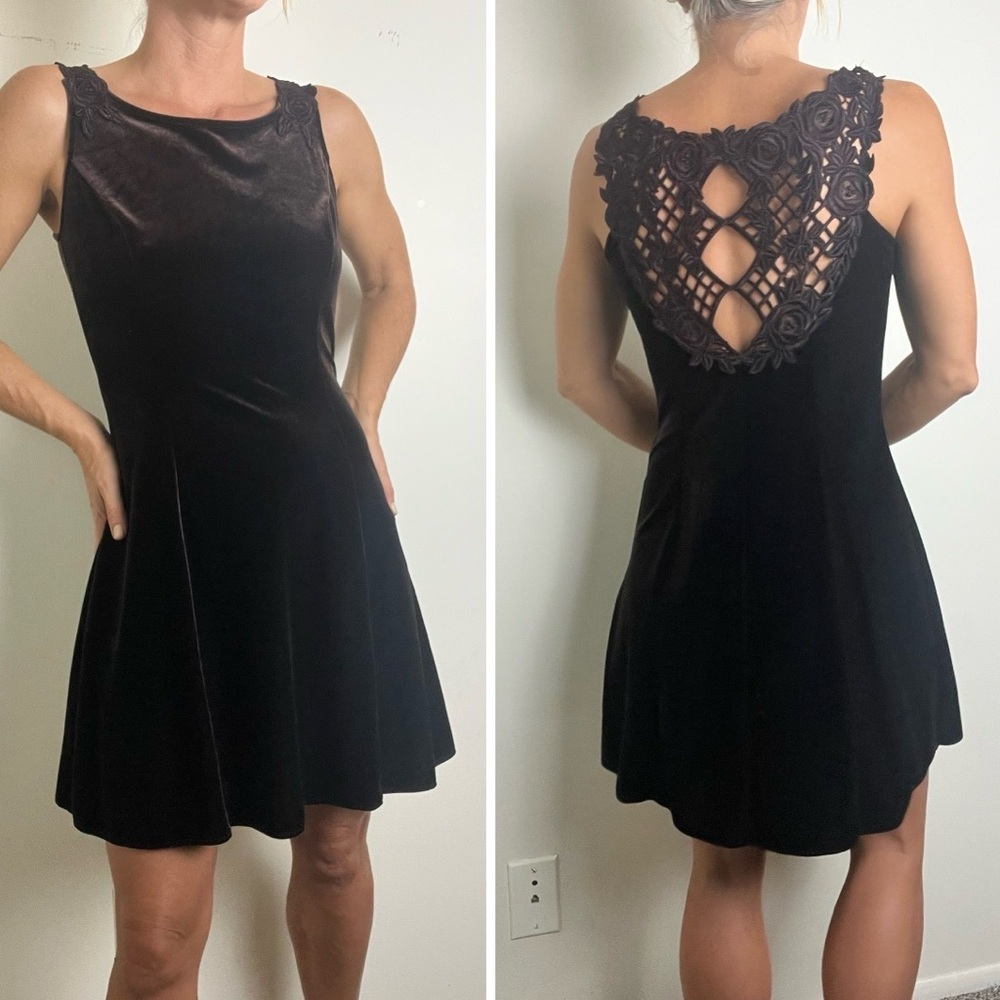 Vintage 90s Scott McClintock Dark Chocolate Brown Velvet Floral Lace Dress sz 8